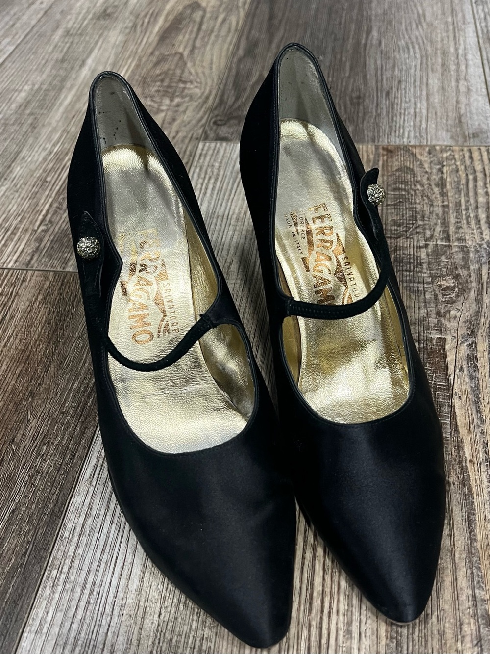 Salvatore Ferragamo Black Satin Mary Jane Pumps Crystal Buttons